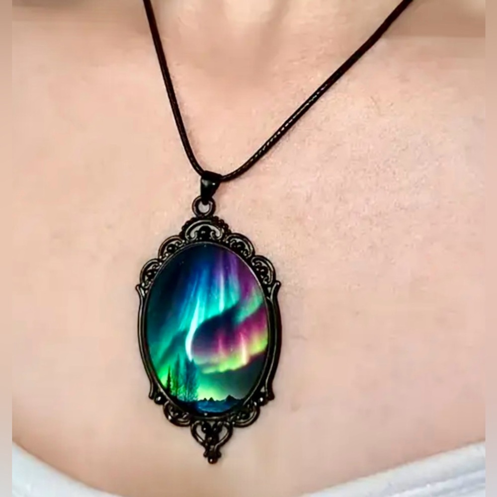 Vintage Aurora Borealis Landscape Glass Pendant Necklace, BohemianDesign, Black